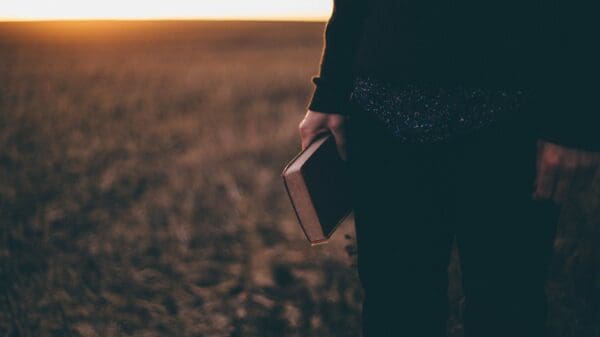 person holding book while standing on field